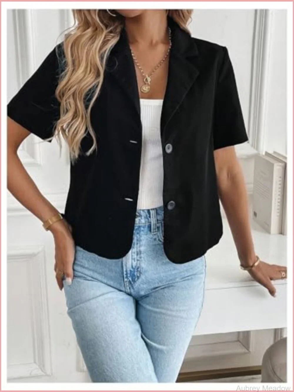 Short Sleeve Cropped Suit Blazer Business Casual Button Down Jacket
